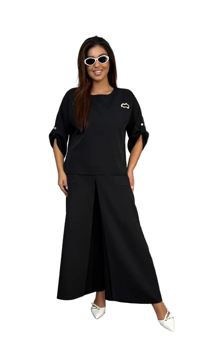 Black Two Piece Women Suit Blouse Skirt Pants Loose Fit Boat Neck Seven Eighth Sleeve