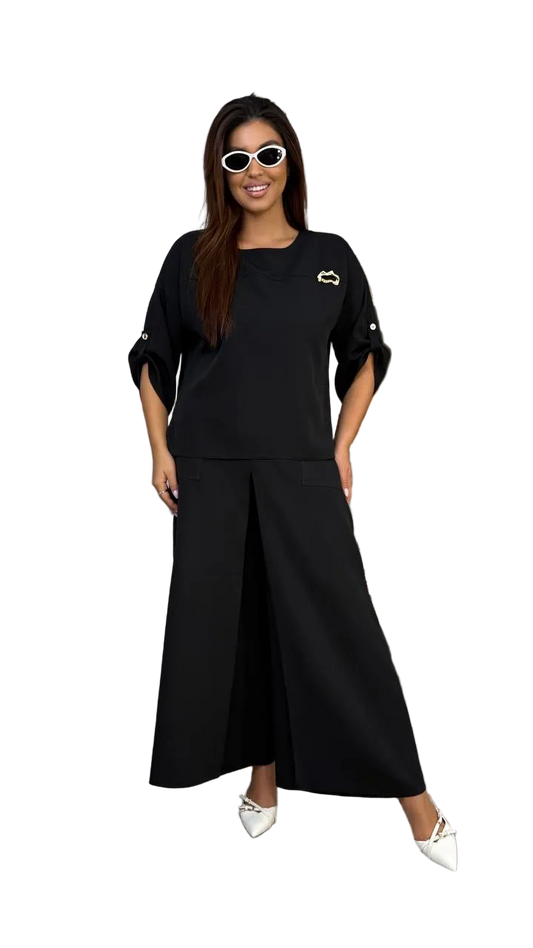 Black Two Piece Women Suit Blouse Skirt Pants Loose Fit Boat Neck Seven Eighth Sleeve