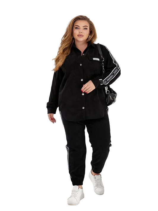Black Womens Two Piece Casual Suit Button Up Shirt And Jogger Pants