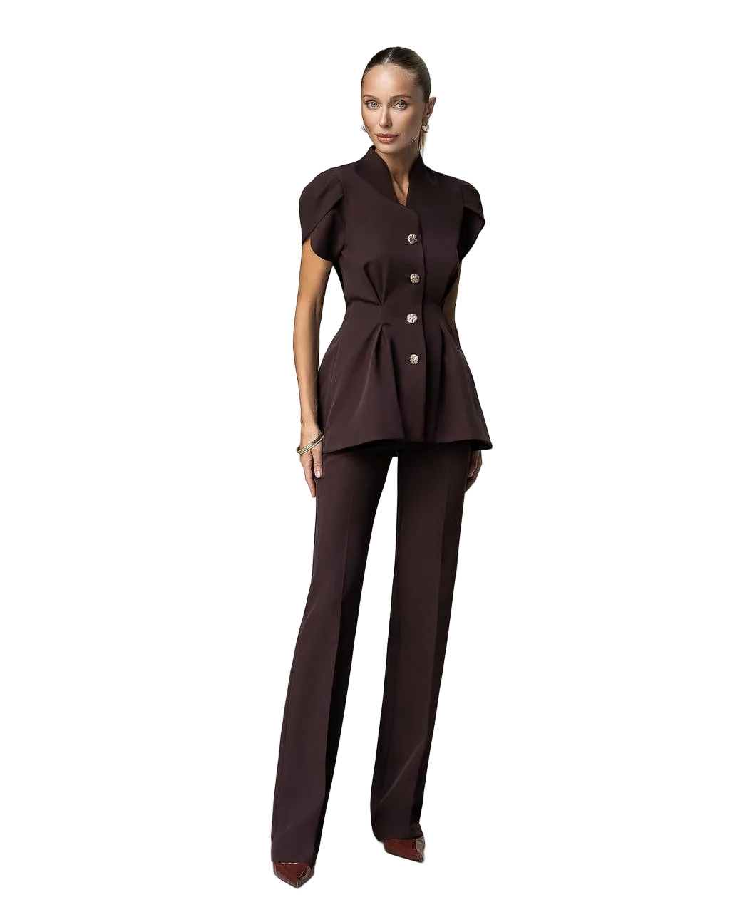 Womens Tailored Suit Set with Button Front Top and Wide Leg Trousers