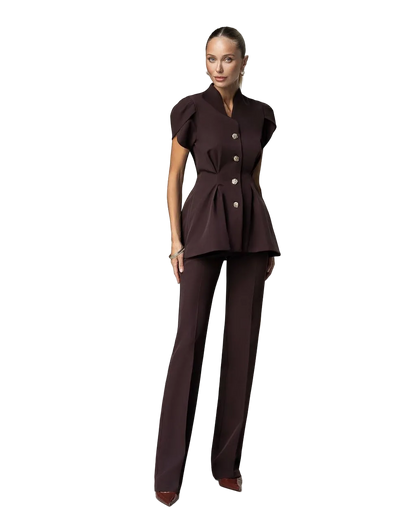 Womens Tailored Suit Set with Button Front Top and Wide Leg Trousers