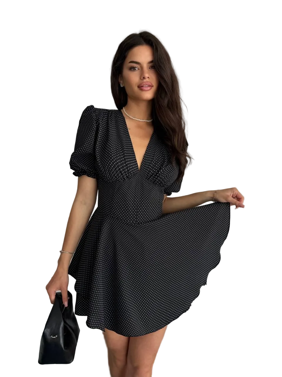 Black Polka Dot Jumpsuit Dress Women Corset Cut Puff Sleeve Zip Back Soft Fabric