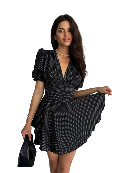 Black Polka Dot Jumpsuit Dress Women Corset Cut Puff Sleeve Zip Back Soft Fabric