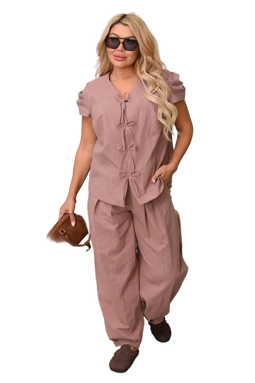 Womens Linen Two Piece Suit Dusty Rose Short Sleeve Jacket Bow Detail Elastic Waist Trousers