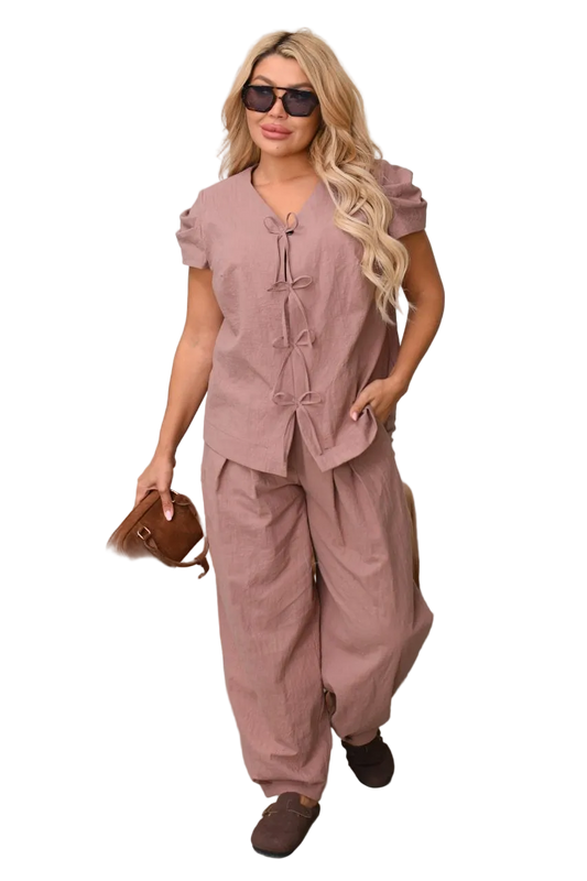 Womens Linen Two Piece Suit Dusty Rose Short Sleeve Jacket Bow Detail Elastic Waist Trousers