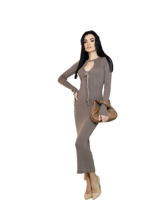 Taupe Cotton Long Sleeve Dress with Front Tie Elegant Everyday Dress