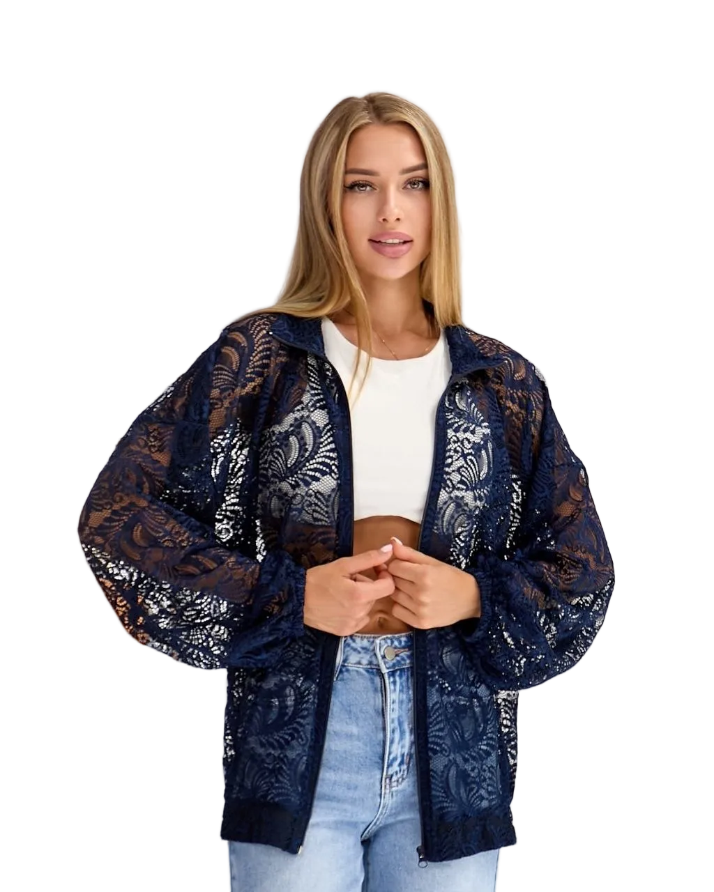 Navy Blue Lace Bomber Jacket for Women Sheer Zip Front