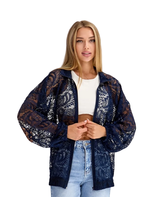 Navy Blue Lace Bomber Jacket for Women Sheer Zip Front