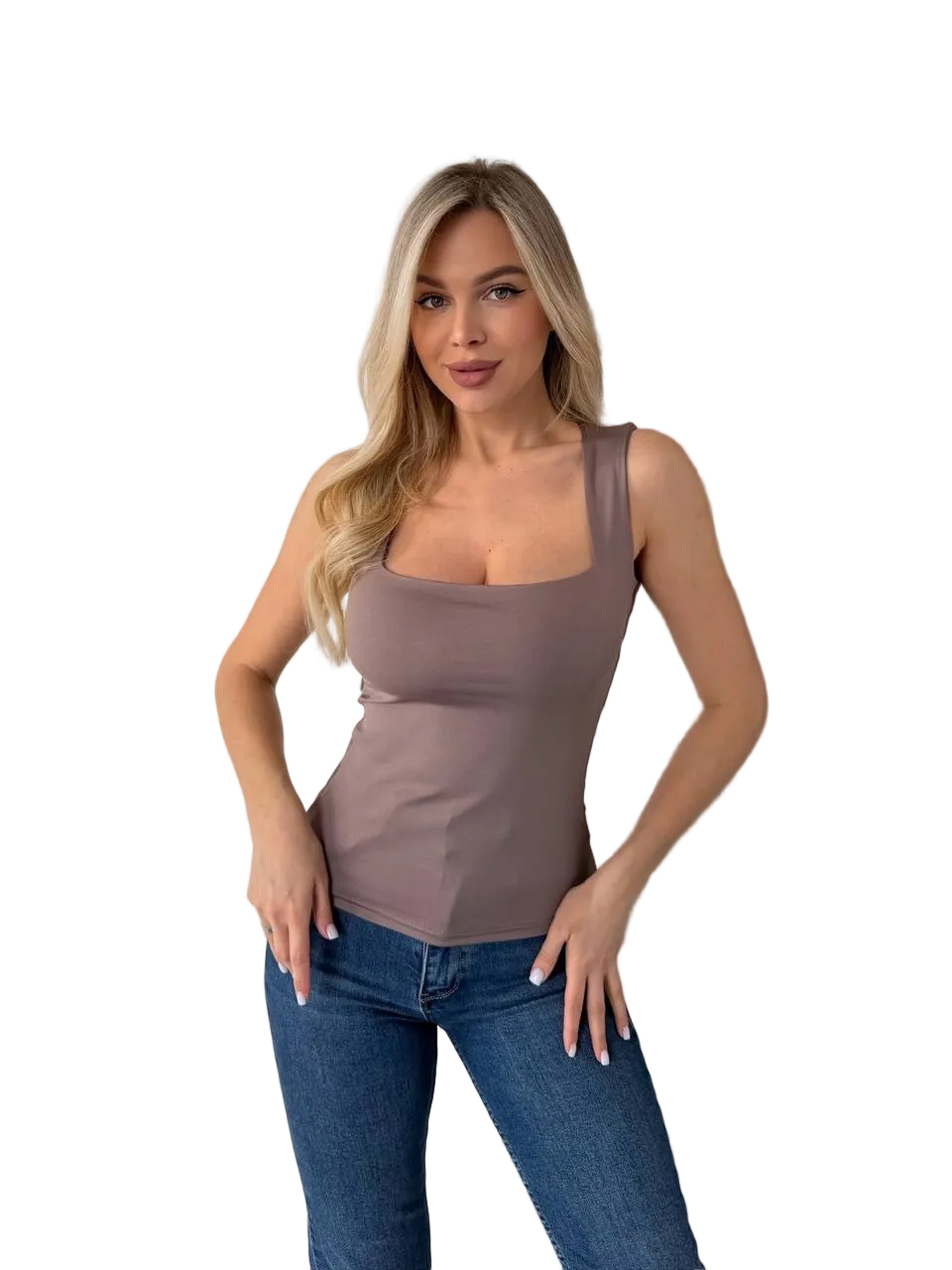 Womens Taupe Square Neck Tank Top Slim Fit Basic Layering Top
