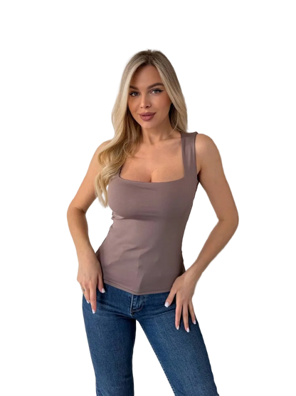 Womens Taupe Square Neck Tank Top Slim Fit Basic Layering Top