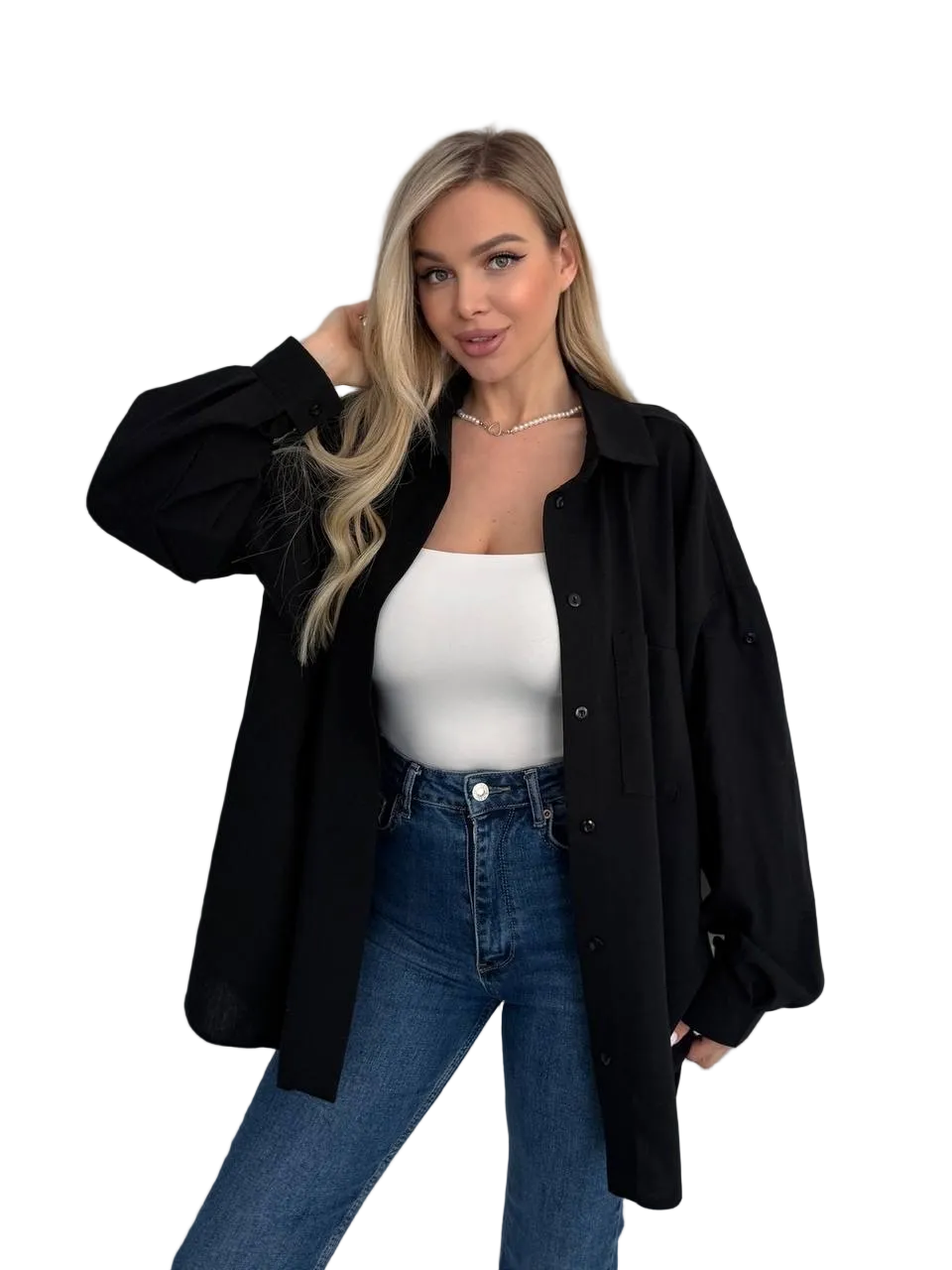 Linen Oversized Shirt for Women Black Roll Tab Sleeve Casual Button Down