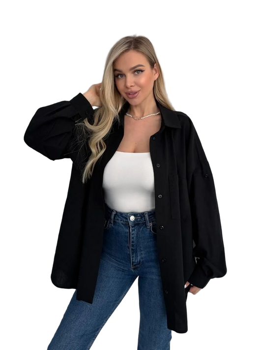 Linen Oversized Shirt for Women Black Roll Tab Sleeve Casual Button Down