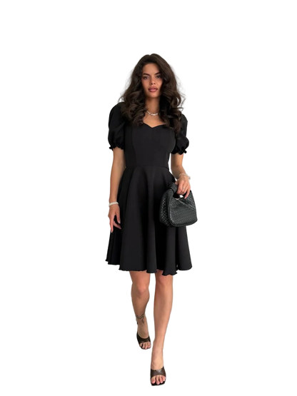 Black Puff Sleeve Fit and Flare Dress Elegant A Line Cocktail Dress for Women