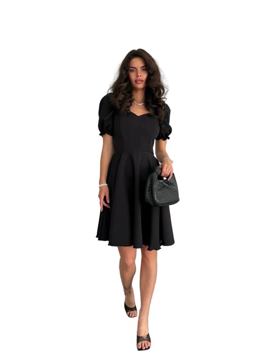 Black Puff Sleeve Fit and Flare Dress Elegant A Line Cocktail Dress for Women