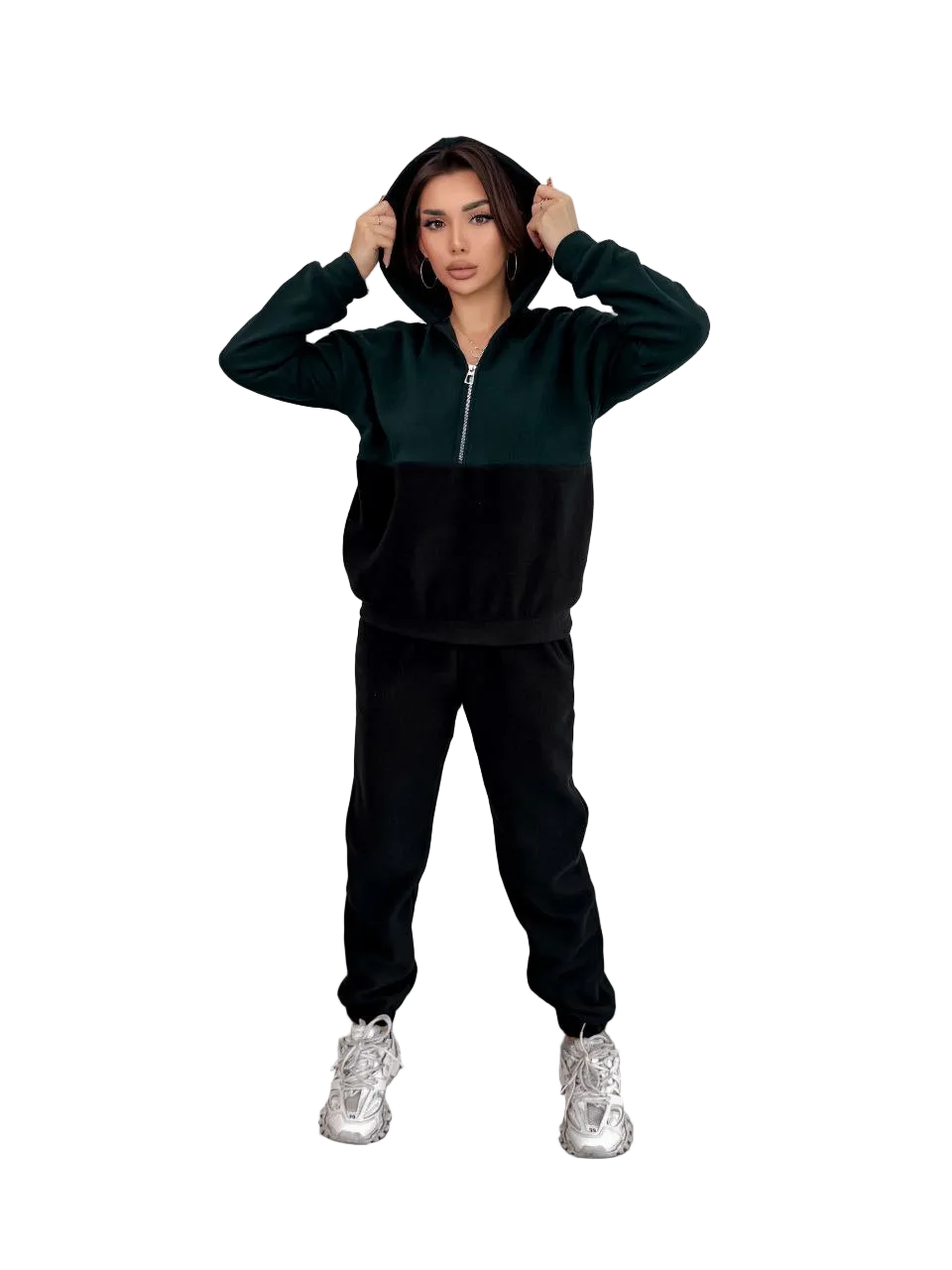 Two Tone Polar Fleece Tracksuit Hooded Zip Joggers Dark Green Black