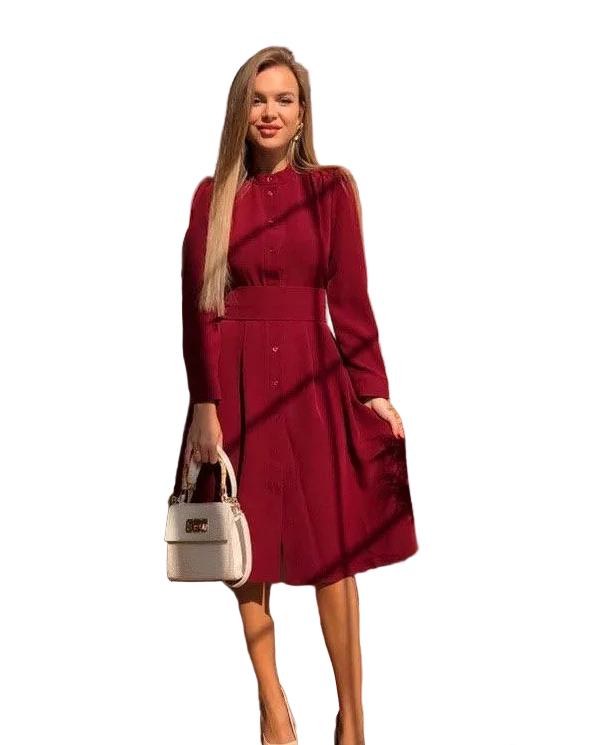 Burgundy Button Front Midi Dress with Belt and Pockets