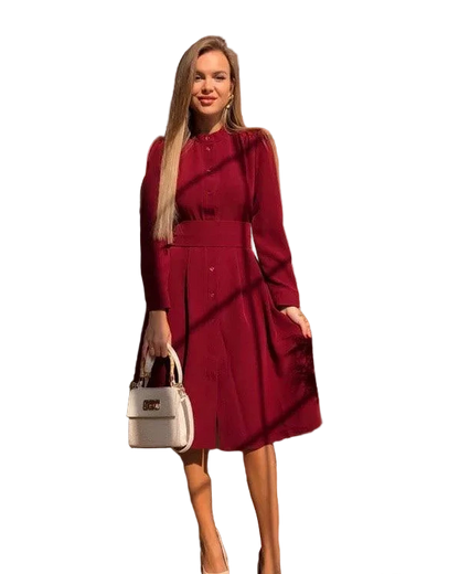 Burgundy Button Front Midi Dress with Belt and Pockets