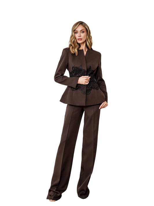Chocolate Brown Diagonal Crepe Womens Tailored Suit with Lace Waist