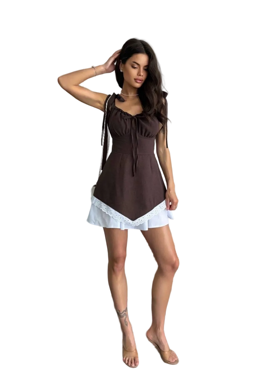 Brown Linen Mini Dress with Adjustable Tie Straps and Hidden Side Zipper