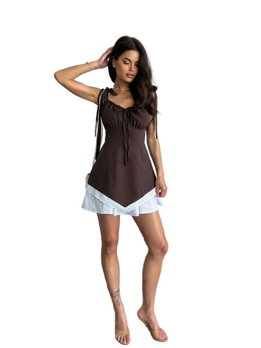 Brown Linen Mini Dress with Adjustable Tie Straps and Hidden Side Zipper