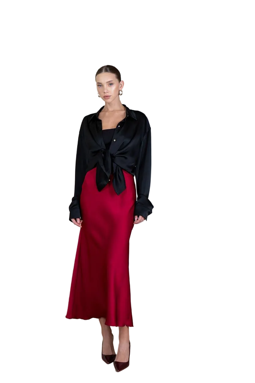 Burgundy Satin Midi Slip Skirt Bias Cut Elegant Evening Skirt