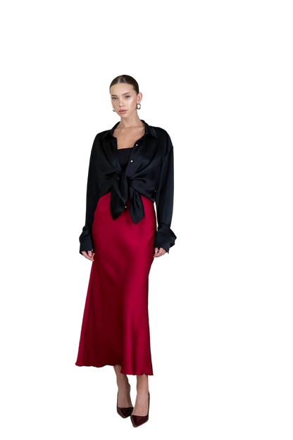 Burgundy Satin Midi Slip Skirt Bias Cut Elegant Evening Skirt