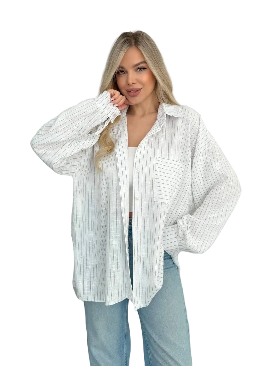 White Striped Oversized Shirt Women Button Up Sleeve Tab Casual