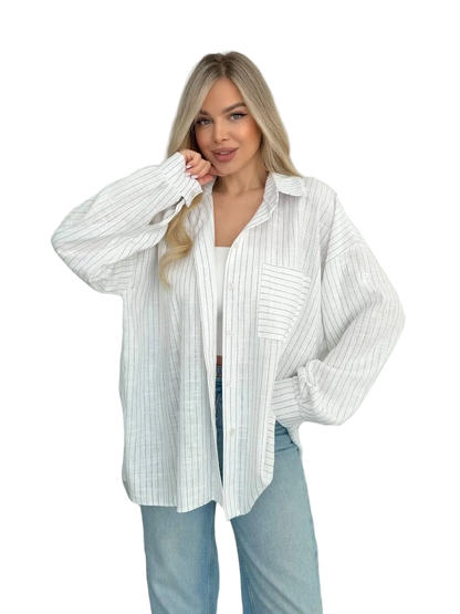 White Striped Oversized Shirt Women Button Up Sleeve Tab Casual