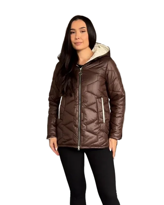 Womens Quilted Hooded Jacket Brown Lacquered Two Way Zipper