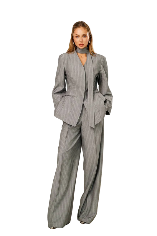 Grey Pinstripe Women Suit Tiar Crepe Diagonal Tailored Blazer Wide Leg Trousers