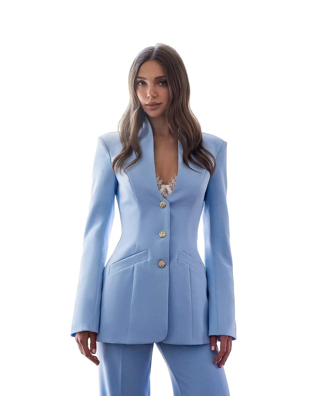 Light Blue Tailored Womens Suit Crepe Diagonal Blazer Trousers