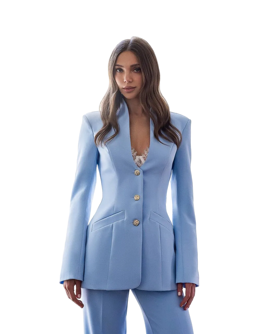 Light Blue Tailored Womens Suit Crepe Diagonal Blazer Trousers