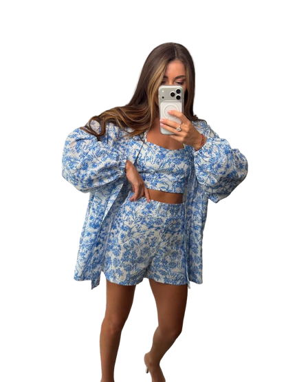Womens Linen Three Piece Suit Blue Floral Crop Top Shorts Shirt Set