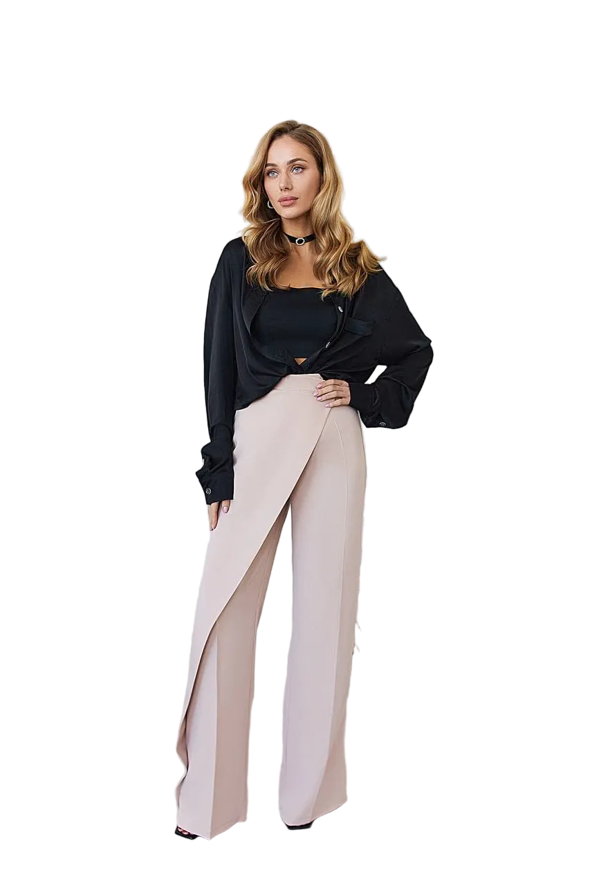 Women High Waisted Wrap Front Wide Leg Trousers Diagonal Crepe Blush