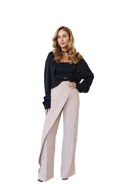 Women High Waisted Wrap Front Wide Leg Trousers Diagonal Crepe Blush