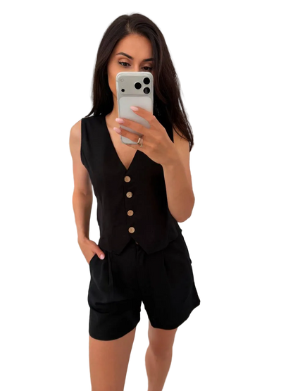 Womens Black Linen Two Piece Suit Vest And Shorts Summer Tailored Set