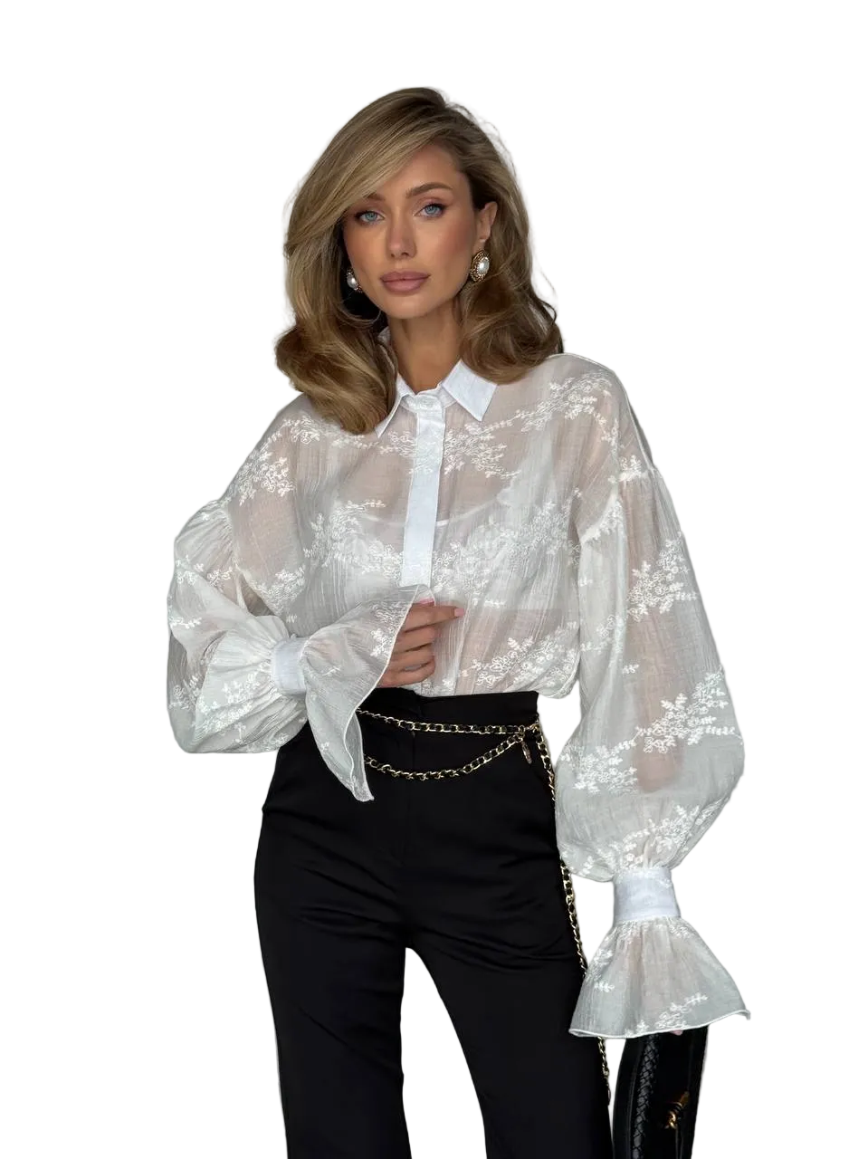 White Sheer Embroidered Tencel Blouse for Women
