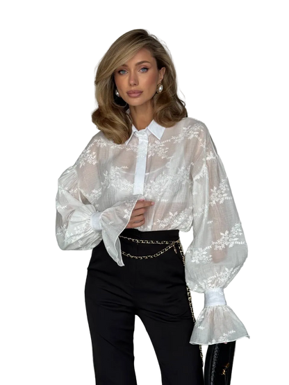 White Sheer Embroidered Tencel Blouse for Women
