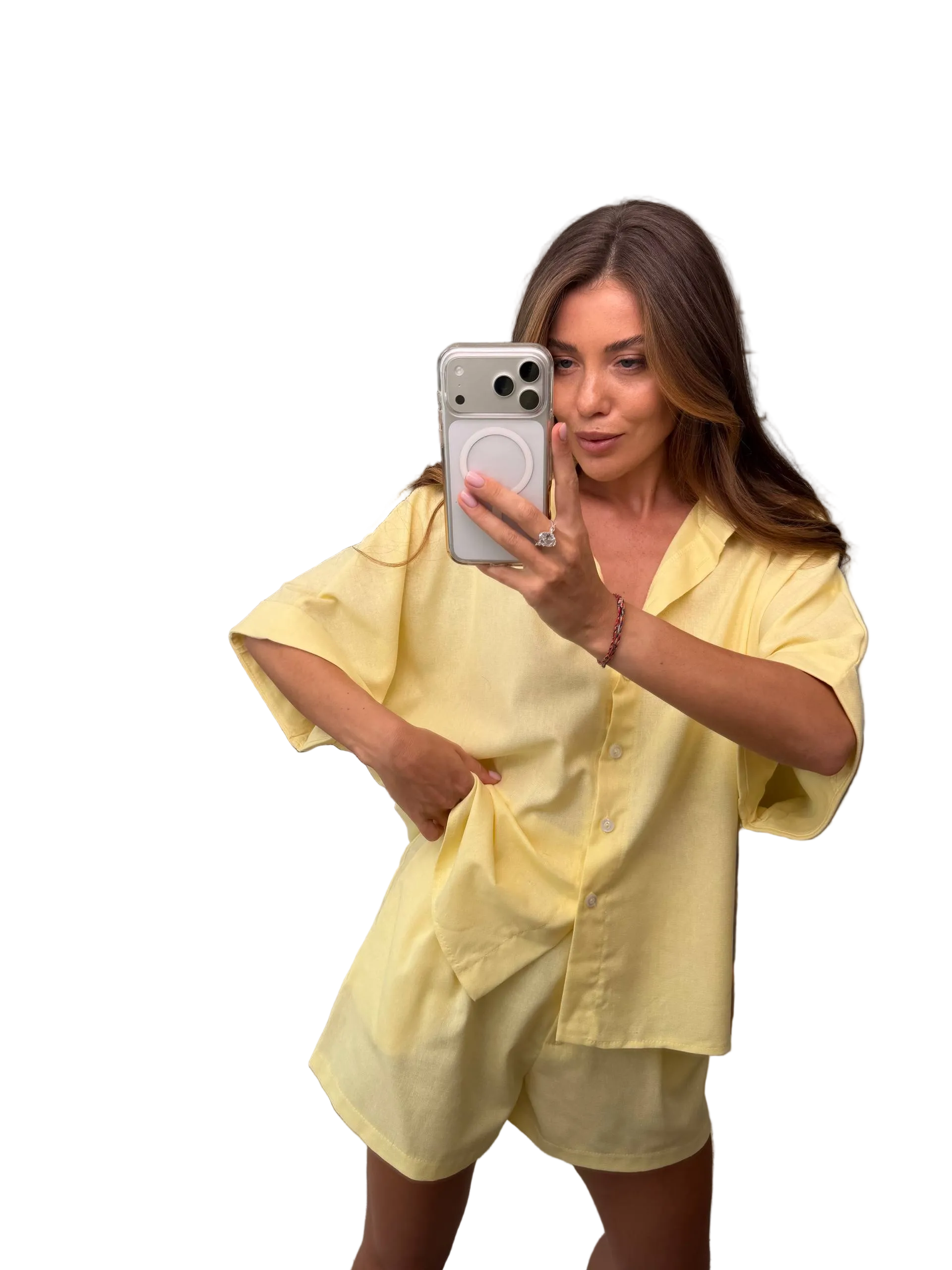 Yellow Linen Two Piece Suit Women Shirt And Shorts Summer Set