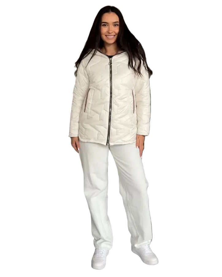 Women Quilted Cream Jacket Hooded Insulated Two Way Zipper