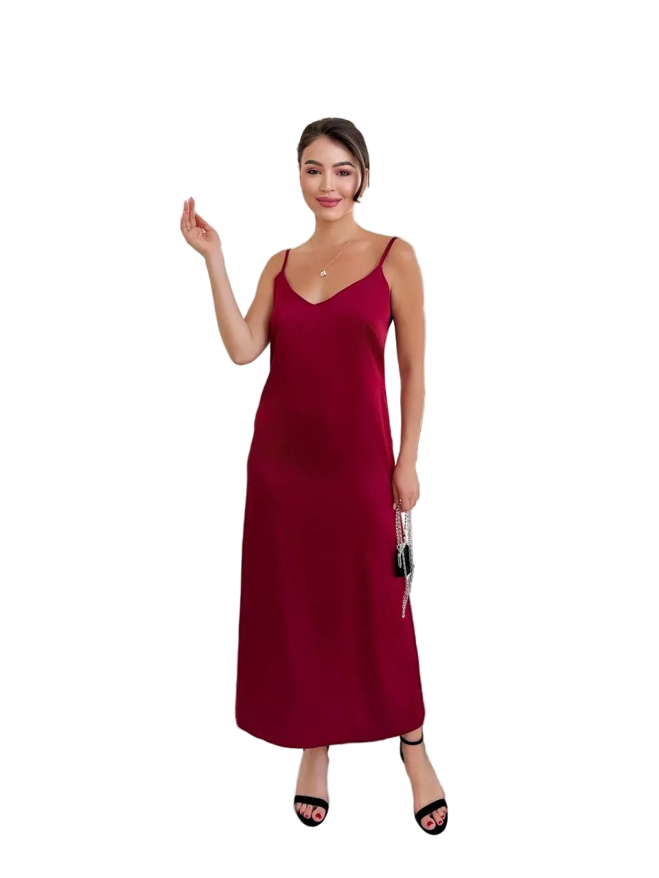 Burgundy Slip Dress V Neck Adjustable Straps Trapeze Silhouette