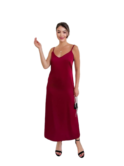 Burgundy Slip Dress V Neck Adjustable Straps Trapeze Silhouette