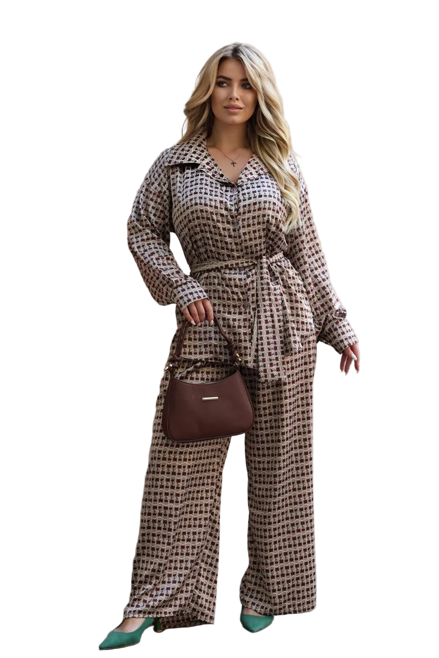 Womens Printed Silk Effect Two Piece Suit Shirt Palazzo Pants Brown