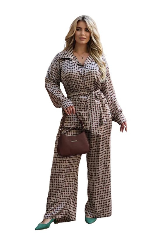 Womens Printed Silk Effect Two Piece Suit Shirt Palazzo Pants Brown