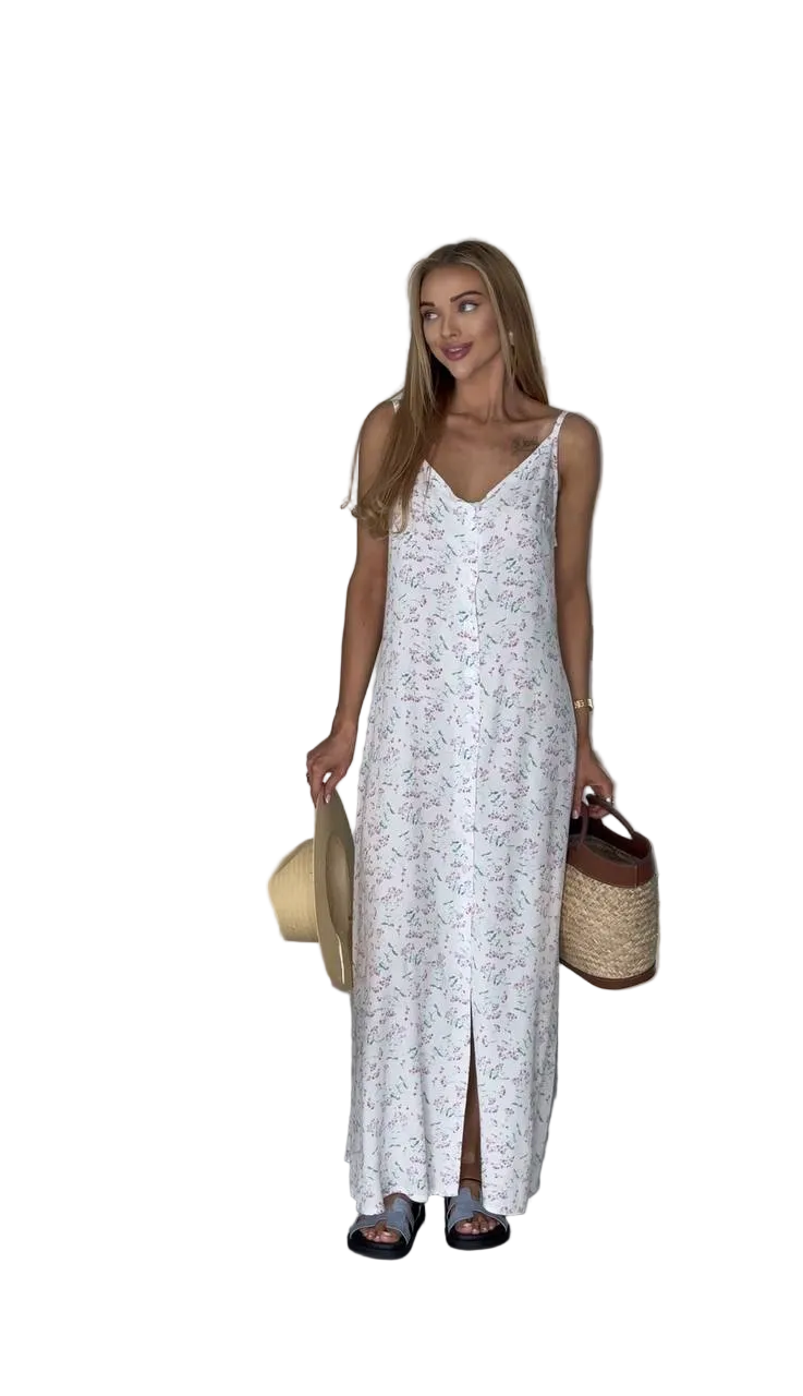 Maxi Sarafan Dress Women Shtapel Fabric Adjustable Straps Floral Print