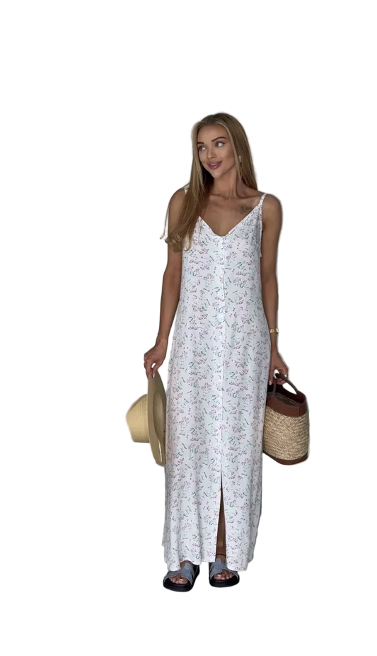 Maxi Sarafan Dress Women Shtapel Fabric Adjustable Straps Floral Print
