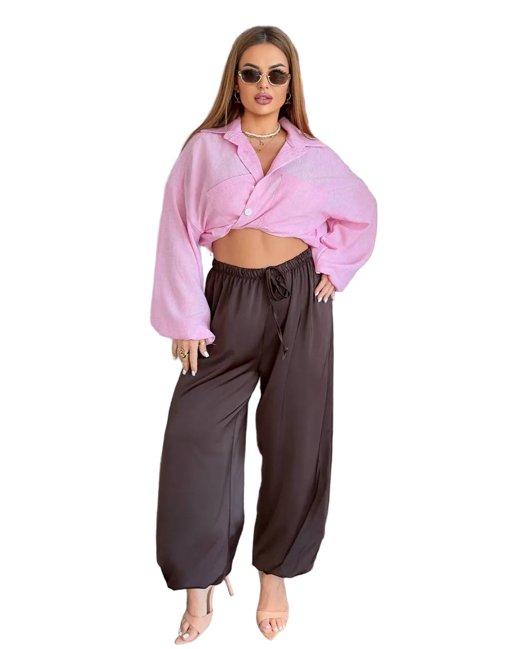 Women Aladdin Harem Pants Brown Double Silk Lightweight Trendy