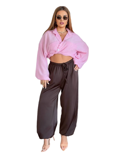 Women Aladdin Harem Pants Brown Double Silk Lightweight Trendy