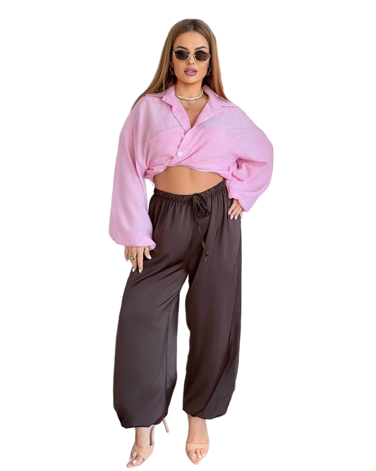 Women Aladdin Harem Pants Brown Double Silk Lightweight Trendy