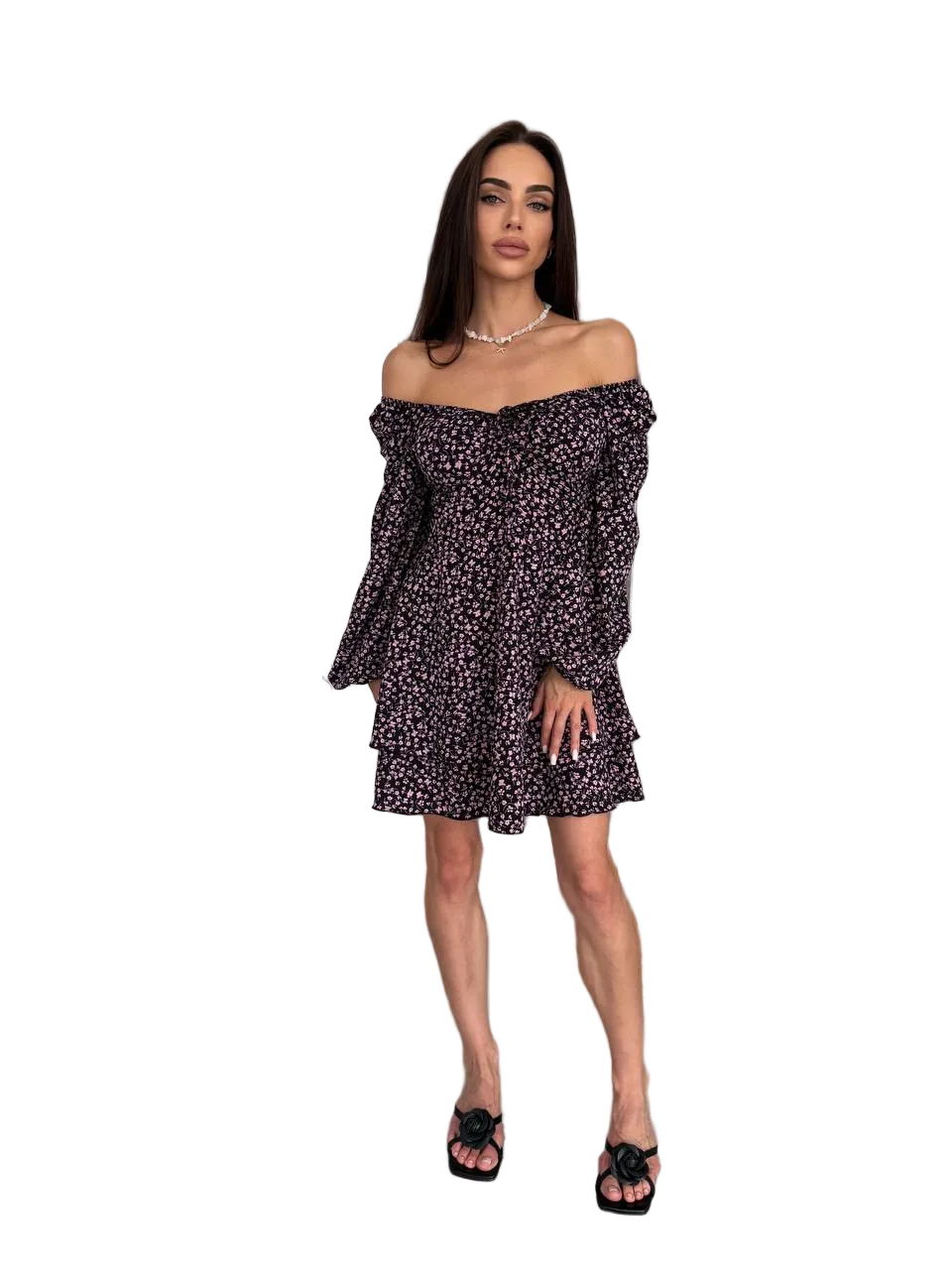 Black Floral Off Shoulder Tiered Dress Soft Fabric Ruffle Sleeve